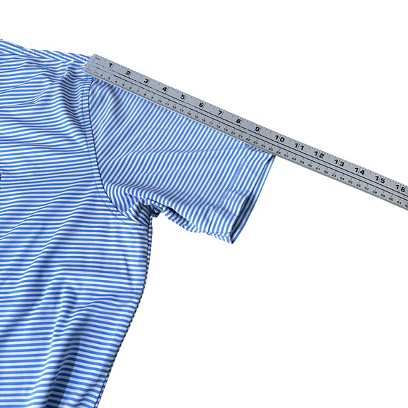Peter Millar Summer Comfort Polo Shirt Men's Medium Blue White Striped Bus Logo - Picture 8 of 9